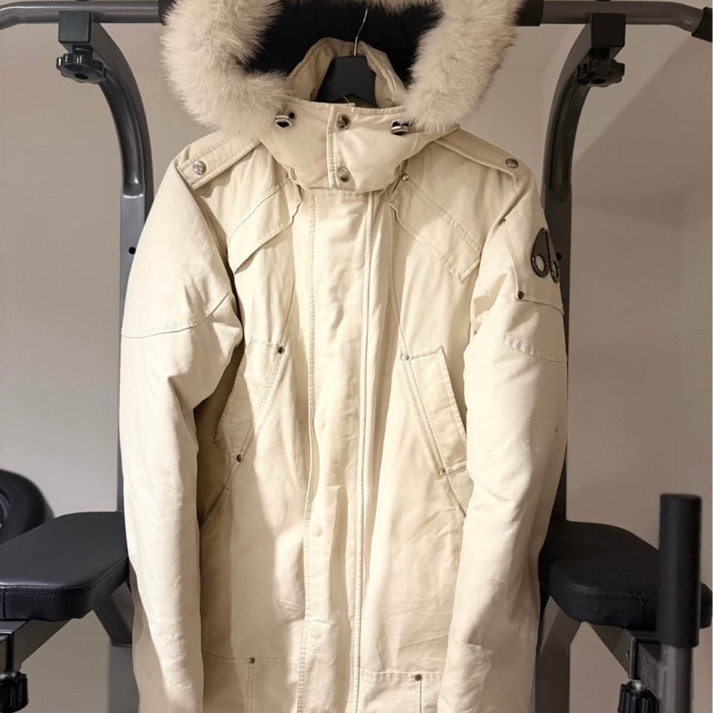 Moose Knuckles Cream Down Parka with Fur Hood
